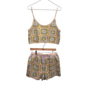 NWT New In Crochet Two Piece Set‎ Granny Square M/L Cream Yellow Women
